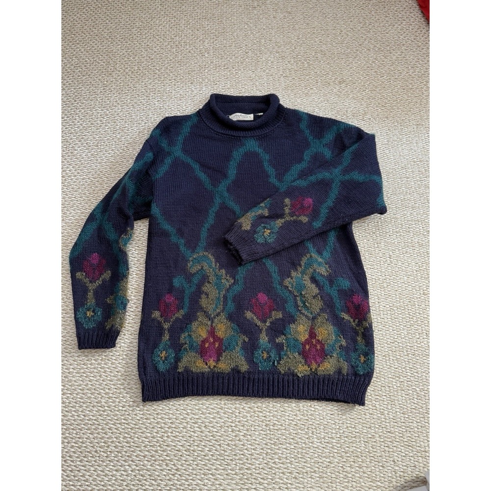 Vintage Women's Roll Neck Sweater Wool, Angora Floral‎ Cottagecore Fisherman LG